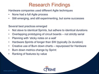 7www.cprime.com
Research Findings
Hardware companies used different Agile techniques
• None had a full Agile process
• Still emerging, and still experimenting, but some successes
Several best practices emerged
• Not slave to identical Sprints, but adhere to identical durations
• Overlapping prototyping of circuit boards – not strictly serial
• Planning with ‘sticky notes on a wall’
• Hardware Sprints of longer than SW (typically 2x duration)
• Creative use of Burn down charts – repurposed for Hardware
• Burn down metrics change by Sprint
• Ranking of features by value
 