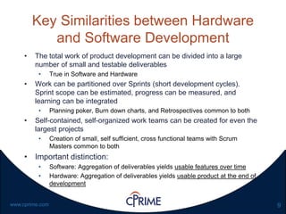 9www.cprime.com
Key Similarities between Hardware
and Software Development
• The total work of product development can be divided into a large
number of small and testable deliverables
• True in Software and Hardware
• Work can be partitioned over Sprints (short development cycles).
Sprint scope can be estimated, progress can be measured, and
learning can be integrated
• Planning poker, Burn down charts, and Retrospectives common to both
• Self-contained, self-organized work teams can be created for even the
largest projects
• Creation of small, self sufficient, cross functional teams with Scrum
Masters common to both
• Important distinction:
• Software: Aggregation of deliverables yields usable features over time
• Hardware: Aggregation of deliverables yields usable product at the end of
development
 