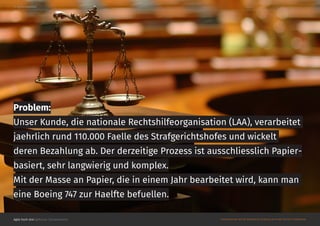 Agile hoch drei @Roman Schoeneboom ©MATERIALS MAY NOT BE REPRODUCED IN WHOLE OR IN PART WITHOUT PERMISSION.
Problem:
Unser Kunde, die nationale Rechtshilfeorganisation (LAA), verarbeitet
jaehrlich rund 110.000 Faelle des Strafgerichtshofes und wickelt
deren Bezahlung ab. Der derzeitige Prozess ist ausschliesslich Papier-
basiert, sehr langwierig und komplex.
Mit der Masse an Papier, die in einem Jahr bearbeitet wird, kann man
eine Boeing 747 zur Haelfte befuellen.
3. Agiles Produkt
 