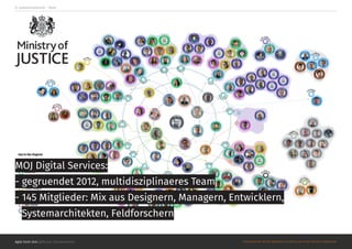 Agile hoch drei @Roman Schoeneboom ©MATERIALS MAY NOT BE REPRODUCED IN WHOLE OR IN PART WITHOUT PERMISSION.
0. Justizministerium - Team
MOJ Digital Services:
- gegruendet 2012, multidisziplinaeres Team
- 145 Mitglieder: Mix aus Designern, Managern, Entwicklern,
Systemarchitekten, Feldforschern
 