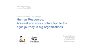 Agile Roundabout
London, Sept 2018
Marco Calzolari + Luca Bergero
Human Resources.
A sweet and sour contribution to the
agile journey in big organizations
Marco Calzolari
Luca Bergero
@agilereloaded
agilereloaded.it
 