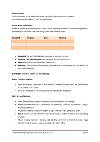 Scrum Master
The scrum master is the grease that allows everything on the team to run smoothly.
He exists to remove roadblocks from the way of team.


Scrum Work Flow Board
Workflow board is a very handy artifact used in scrum methodology which increases the engagement,
transparency in the team. Each team has got their own workflow board.


Accepted            Ongoing               Done                Waiting




      Accepted–the work that have been accepted by a member to work
      Ongoing (work in progress)–Any task being worked on goes here.
      Done–Cards pile up over here when they’re done.
      Waiting – The task which have halted temporally due to impediments such as waiting for
       information/feedback


Events (all events in Scrum are time boxed)


Sprint Planning Meeting


      Select the stories ( A small unit of work which has a certain business value) the team believes
       it can commit to in a sprint
      Break the stories down into tasks and provide estimates for those tasks


Daily Scrum/Standup


      Team members share progress with other team members (not the manager)
      Answer the three questions – “what did you do yesterday”, “what will you do today”, “do you
       have any roadblocks”
      Anyone may attend, only team members (people with skin in the game) may speak
      Scrum master uses the information from the standup to update burndown chart illustrating
       progress
      Fifteen minutes maximum - typically held standing up in front of Work flow Board - helps
       keep the meeting focused - side conversations are taken offline.




“Make the Change” by Janani Rasanjali MBA, B.Sc. IT                                           Page 3
 