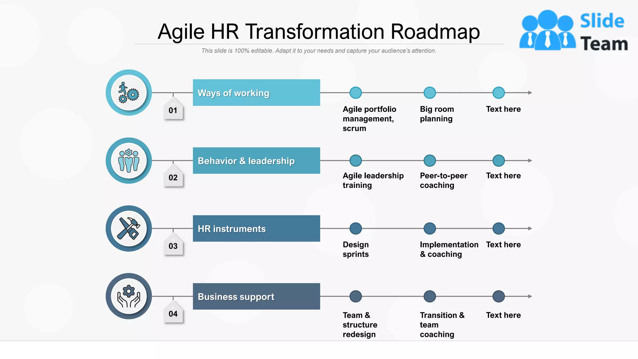 Agile HR Transformation Roadmap
This slide is 100% editable. Adapt it to your needs and capture your audience’s attention.
Agile portfolio
management,
scrum
Big room
planning
Text here
Agile leadership
training
Peer-to-peer
coaching
Text here
Design
sprints
Implementation
& coaching
Text here
Team &
structure
redesign
Transition &
team
coaching
Text here
Ways of working
Behavior & leadership
HR instruments
Business support
01
02
03
04
