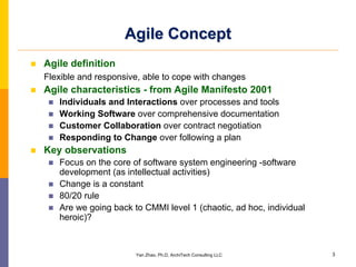 Agile Concept
Agile definition
Flexible and responsive, able to cope with changes
Agile characteristics - from Agile Manifesto 2001
   Individuals and Interactions over processes and tools
   Working Software over comprehensive documentation
   Customer Collaboration over contract negotiation
   Responding to Change over following a plan
Key observations
   Focus on the core of software system engineering -software
   development (as intellectual activities)
   Change is a constant
   80/20 rule
   Are we going back to CMMI level 1 (chaotic, ad hoc, individual
   heroic)?



                      Yan Zhao, Ph.D, ArchiTech Consulting LLC      3
 