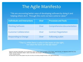 The Agile Manifesto
“That is, while there is value in the items on the right,
we value the items on the left more”
Individuals and interactions Over Processes and Tools
Working Software Over Comprehensive documentation
Customer Collaboration Over Contract Negotiation
Responding to Change Over Following a plan
“We are uncovering better ways of developing software by doing it and
helping others do it. Through this work we have come to value:”
Signed by: Kent Beck, Mike Beedle, Arie van Bennekum, Alistair Cockburn, Ward Cunningham, Martin Fowler, James Grenning, Jim Highsmith, Andrew Hunt, Ron
Jeffries, Jon Kern, Brian Marick, Robert C. Martin, Steve Mellor, Ken Schwaber, Jeff Sutherland, Dave Thomas
© 2001, the above authors
this declaration may be freely copied in any form, but only in its entirety through this notice. www.agilemanifesto.org
 