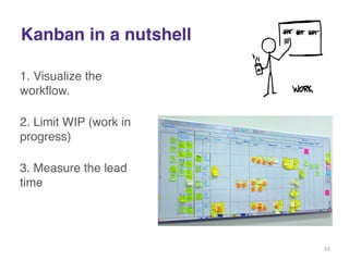 Kanban in a nutshell 
1. Visualize the 
workflow.! 
2. Limit WIP (work in 
progress) ! 
3. Measure the lead 
time 
35 
 