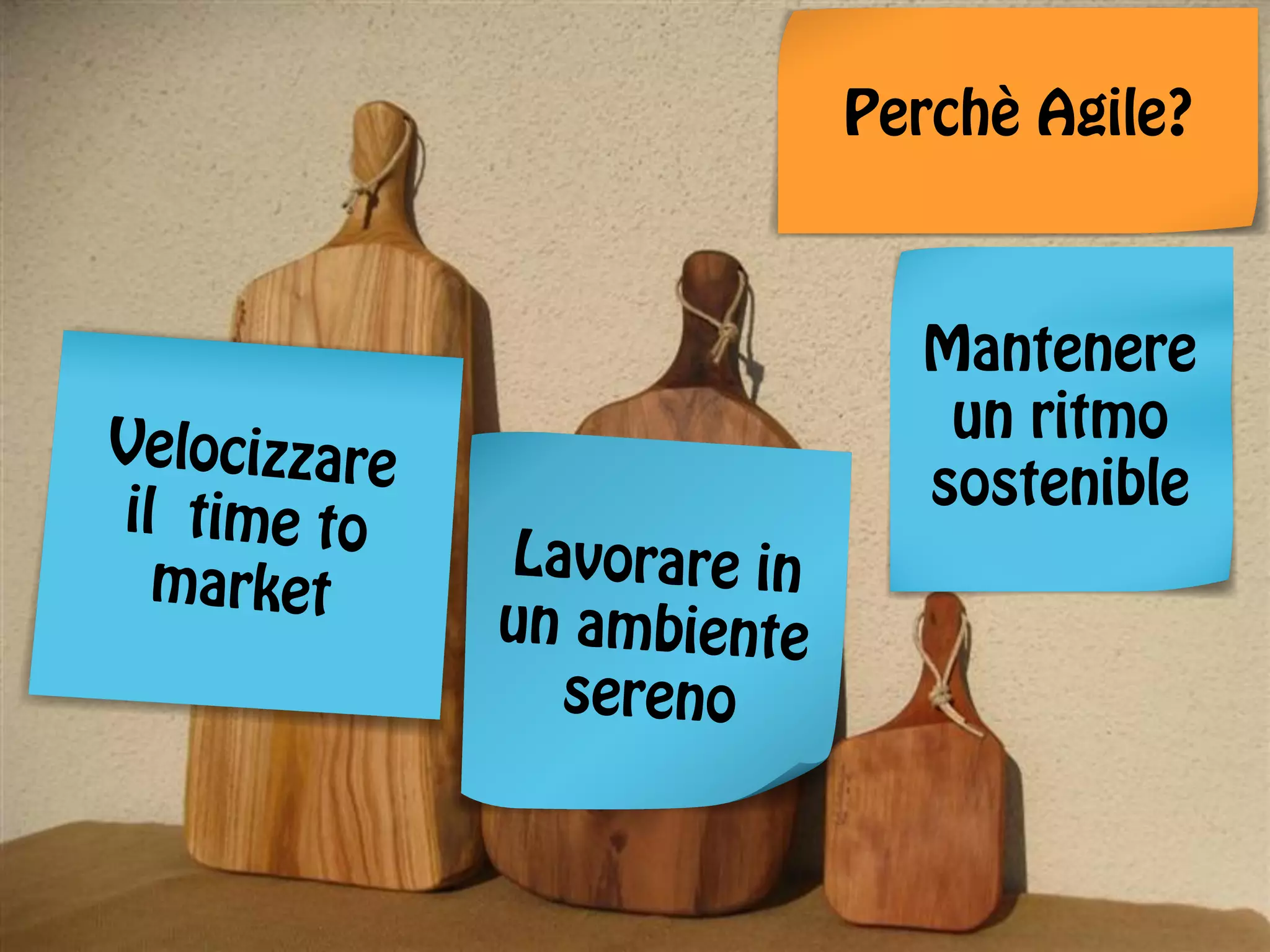 Perchè Agile?

Velocizzare
il time to
market

Mantenere
un ritmo
sostenible
Lavorare in
un ambiente
sereno

 