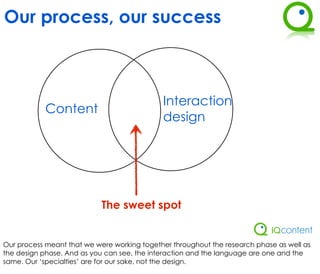 Our process, our success



                                             Interaction
            Content
                                             design




                            The sweet spot


Our process meant that we were working together throughout the research phase as well as
the design phase. And as you can see, the interaction and the language are one and the
same. Our ‘specialties’ are for our sake, not the design.
 