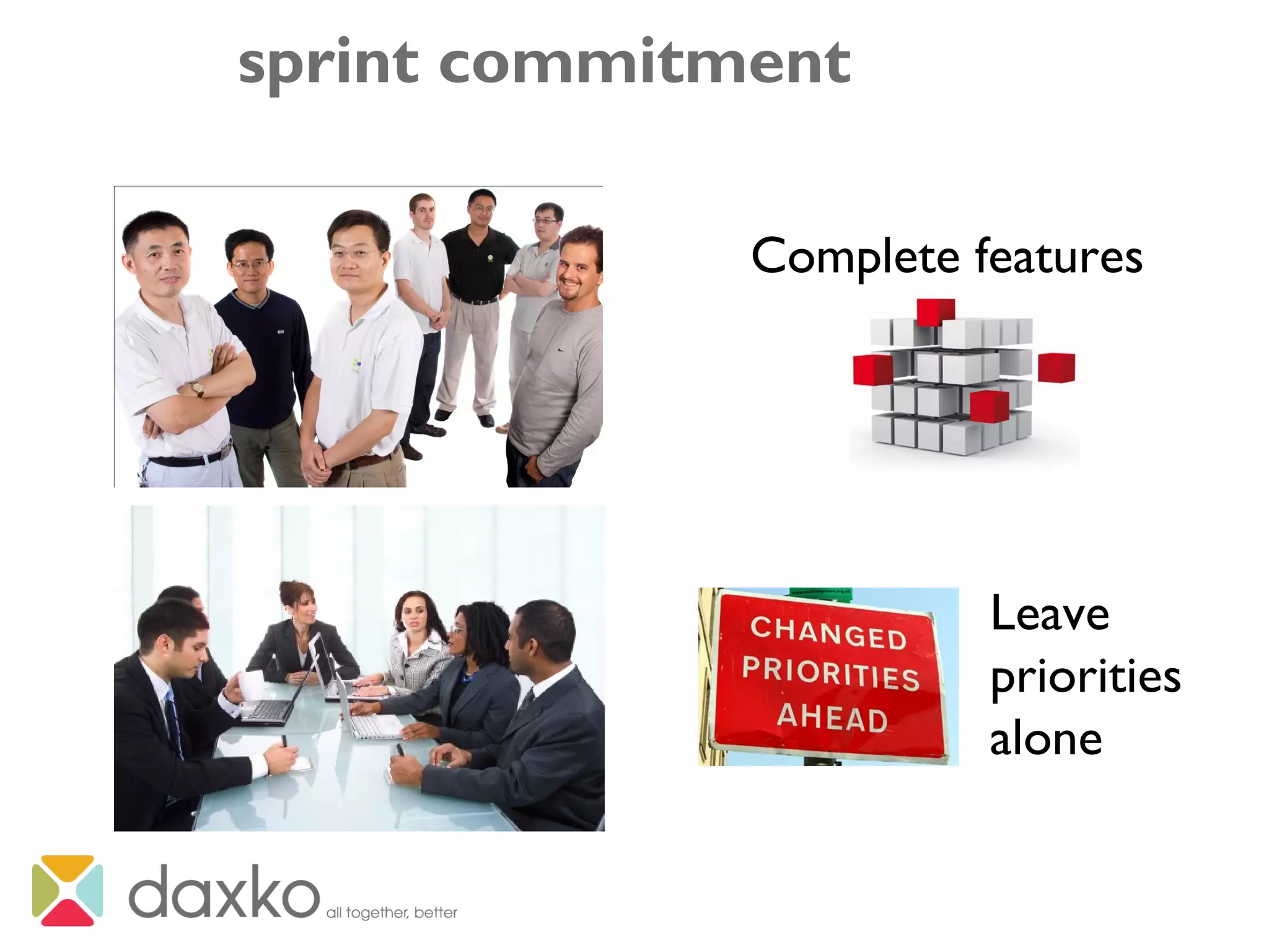 sprint commitment
Complete features
Leave
priorities
alone
 