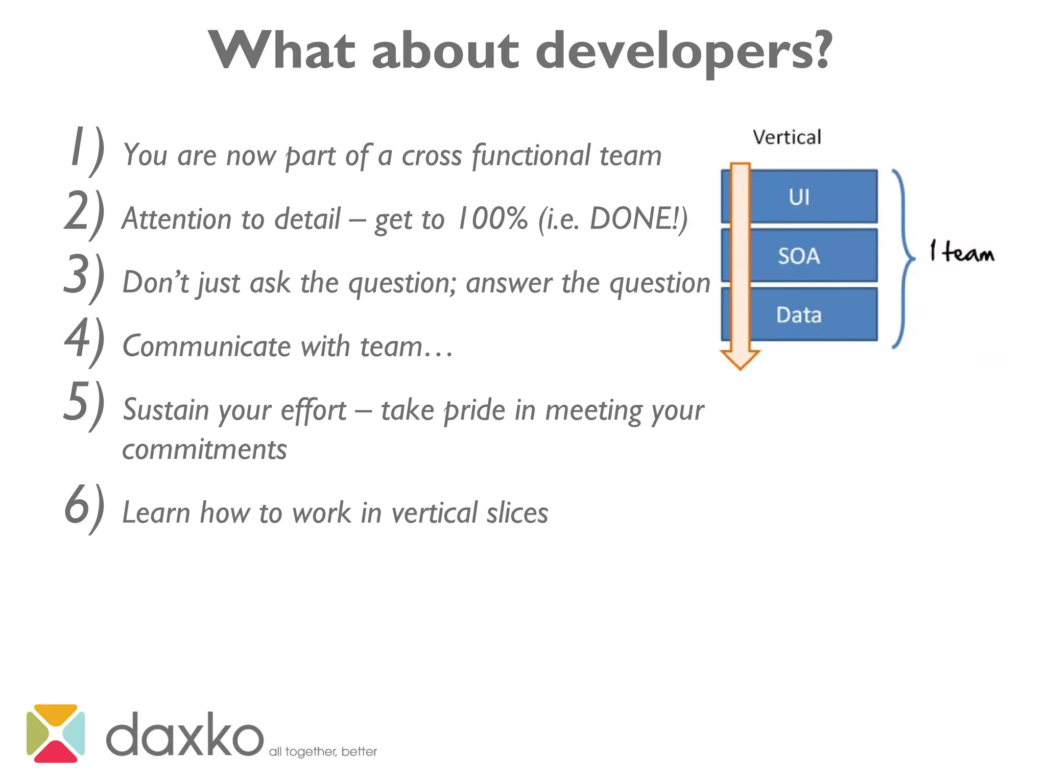 What about developers?
1) You are now part of a cross functional team
2) Attention to detail – get to 100% (i.e. DONE!)
3) Don’t just ask the question; answer the question
4) Communicate with team…
5) Sustain your effort – take pride in meeting your
commitments
6) Learn how to work in vertical slices
 