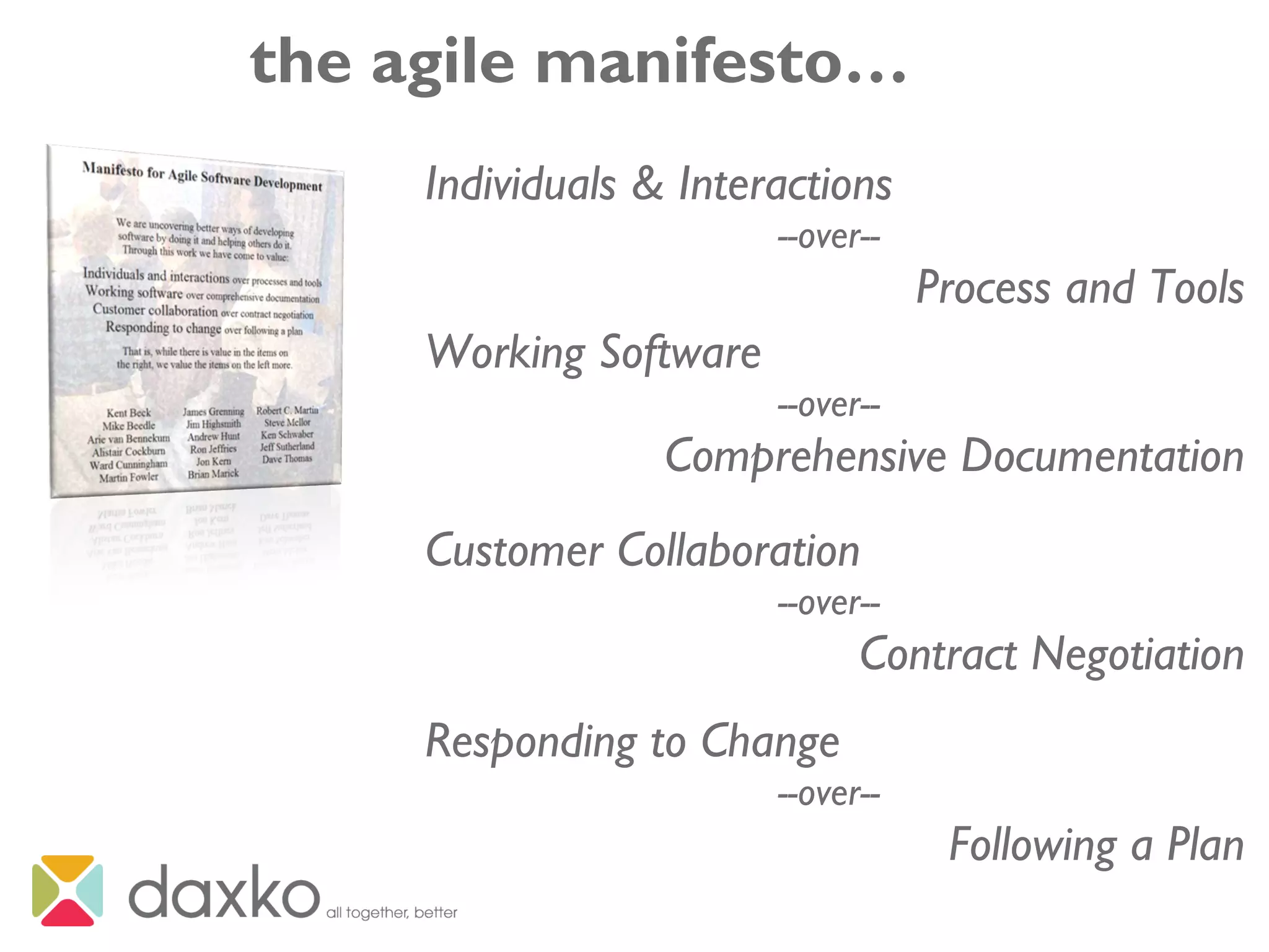 the agile manifesto…
Individuals & Interactions
--over--
Process and Tools
Working Software
--over--
Comprehensive Documentation
Customer Collaboration
--over--
Contract Negotiation
Responding to Change
--over--
Following a Plan
 