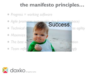 the manifesto principles…
• Progress = working software
• Agile promotes sustainable dev (constant pace)
• Technical excellence / good design enhances agility
• Maximize the work not done
• The best work emerges from self-organization
• Team reflects regularly and tunes accordingly
 