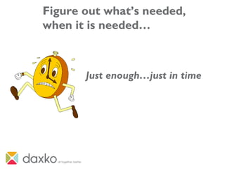 Figure out what’s needed,
when it is needed…
Just enough…just in time
 