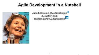 @JuttaEckstein | JEckstein.com
1
1
Jutta Eckstein | @JuttaEckstein
JEckstein.com
linkedin.com/in/juttaeckstein
Agile Development in a Nutshell
 