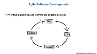 @JuttaEckstein | JEckstein.com
7
Agile Software Development
◼ Prioritizing, planning, and learning are ongoing activities
 