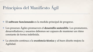 Principios del Manifiesto Ágil
✤ El software funcionando es la medida principal de progreso.
✤ Los procesos Ágiles promueven el desarrollo sostenible. Los promotores,
desarrolladores y usuarios debemos ser capaces de mantener un ritmo
constante de forma indeﬁnida.
✤ La atención continua a la excelencia técnica y al buen diseño mejora la
Agilidad.
 