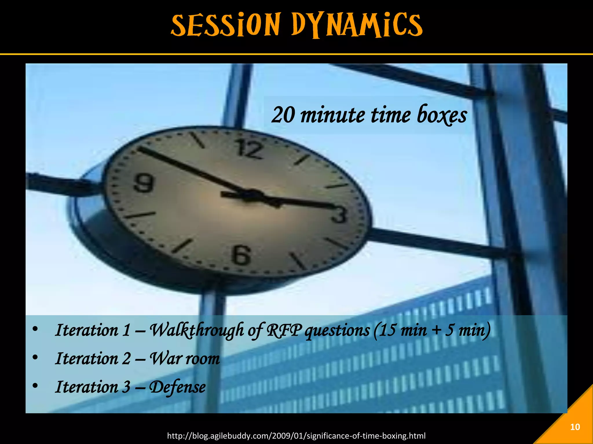 20 minute time boxes




• Iteration 1 – Walkthrough of RFP questions (15 min + 5 min)
• Iteration 2 – War room
• Iteration 3 – Defense
                                                                                        10
                  http://blog.agilebuddy.com/2009/01/significance-of-time-boxing.html
 