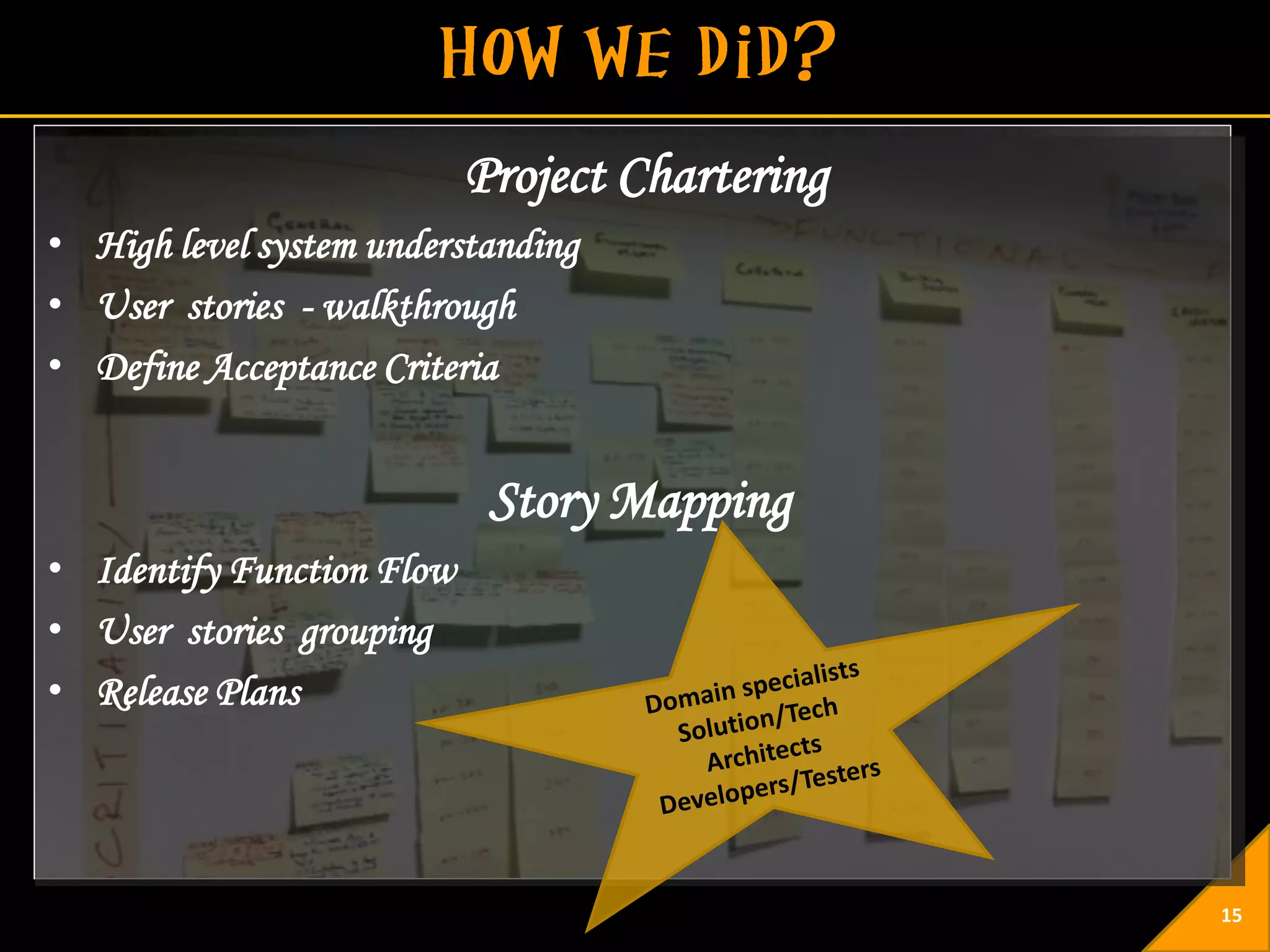 Project Chartering
• High level system understanding
• User stories - walkthrough
• Define Acceptance Criteria


                            Story Mapping
• Identify Function Flow
• User stories grouping
• Release Plans




                                                15
 
