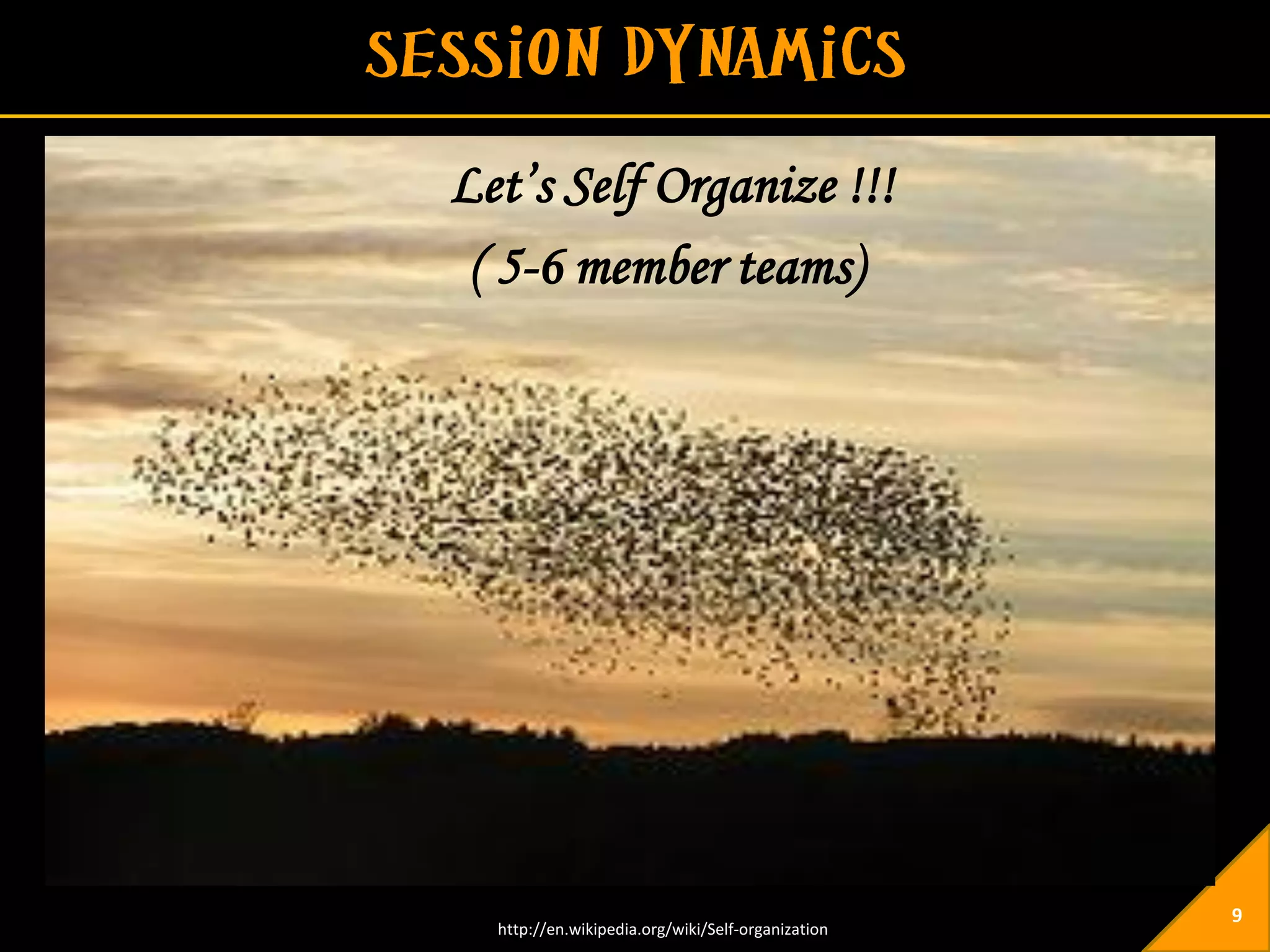 Let’s Self Organize !!!
 ( 5-6 member teams)




                                                   9
  http://en.wikipedia.org/wiki/Self-organization
 