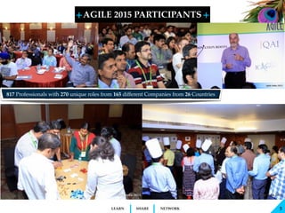 + +
SHARELEARN NETWORK
AGILE INDIA 2016 SPEAKERS
Agile India 2015 is proud to present 73 global Thought Leaders
and Practitioners in Agile, Lean & Patterns from 9 countries
under one roof.
91 Proposals from 216 Submitted Proposal
87 Speakers from 18 Countries
 