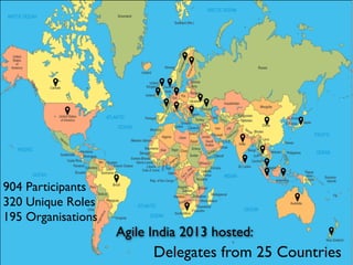Delegates from 25 Countries
Agile India 2013 hosted:
904 Participants
320 Unique Roles
195 Organisations
 