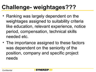 Challenge- weightages???
• Ranking was largely dependent on the
weightages assigned to suitability criteria
like education, relevant experience, notice
period, compensation, technical skills
needed etc.
• The importance assigned to these factors
was dependent on the seniority of the
position, company and specific project
needs
Confidential
 