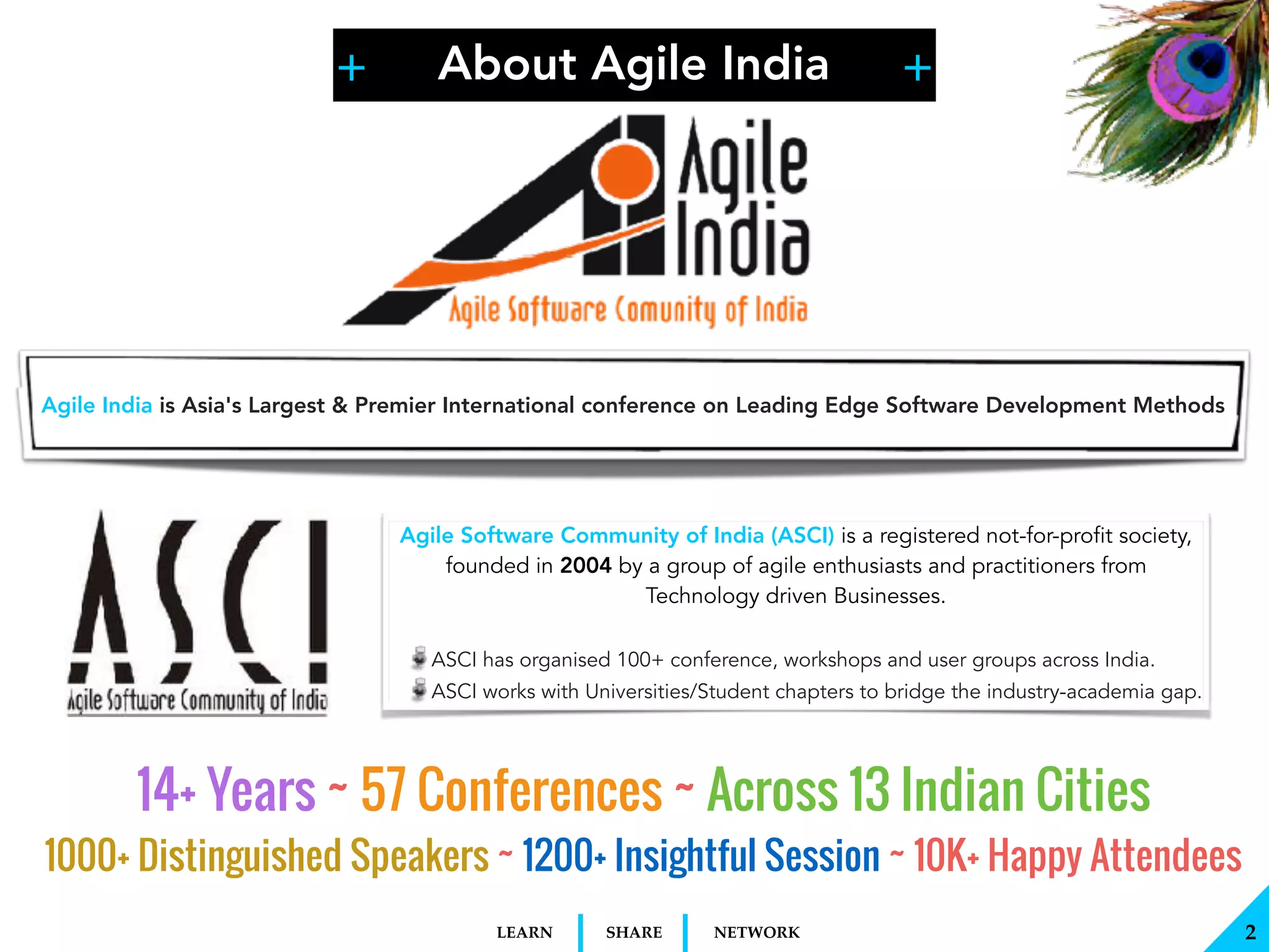 + +
SHARELEARN NETWORK
Agile India is Asia's Largest & Premier International conference on Leading Edge Software Development Methods
!2
About Agile India
Agile Software Community of India (ASCI) is a registered not-for-profit society,
founded in 2004 by a group of agile enthusiasts and practitioners from
Technology driven Businesses.
 
ASCI has organised 100+ conference, workshops and user groups across India.
ASCI works with Universities/Student chapters to bridge the industry-academia gap.
14+ Years ~ 57 Conferences ~ Across 13 Indian Cities
1000+ Distinguished Speakers ~ 1200+ Insightful Session ~ 10K+ Happy Attendees
 