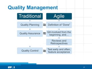 Quality Management
   Traditional                   Agile
    Quality Planning    ≈   Definition of “Done”


    Quality Assurance   ≈   QA involved from the
                             beginning, and…

                               Reviews and
                              Retrospectives

     Quality Control    ≈   Test early and often;
                            feature acceptance




                                                    21
 