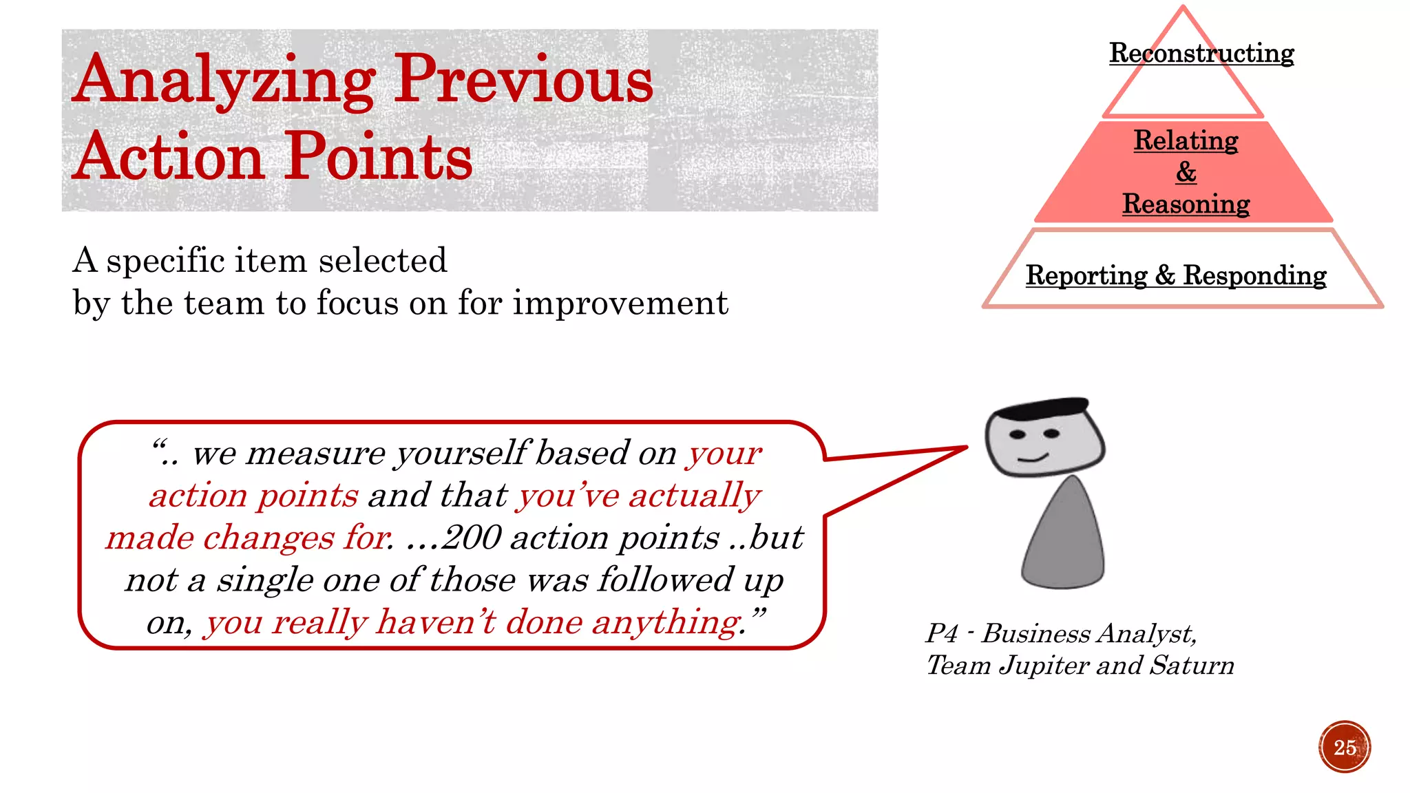 “.. we measure yourself based on your
action points and that you’ve actually
made changes for. …200 action points ..but
not a single one of those was followed up
on, you really haven’t done anything.” P4 - Business Analyst,
Team Jupiter and Saturn
25
Reporting & Responding
Relating
&
Reasoning
Reconstructing
Analyzing Previous
Action Points
A specific item selected
by the team to focus on for improvement
 