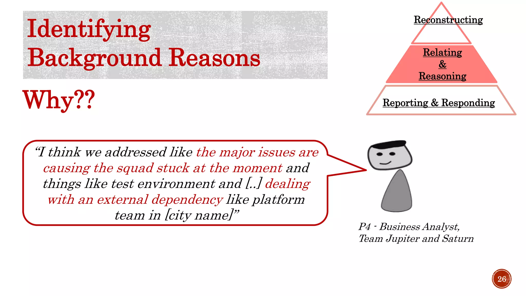“I think we addressed like the major issues are
causing the squad stuck at the moment and
things like test environment and [..] dealing
with an external dependency like platform
team in [city name]”
P4 - Business Analyst,
Team Jupiter and Saturn
26
Identifying
Background Reasons
Reporting & Responding
Relating
&
Reasoning
Reconstructing
Why??
 