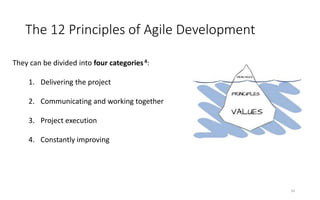 The 12 Principles of Agile Development
10
They can be divided into four categories4:
1. Delivering the project
2. Communic...
