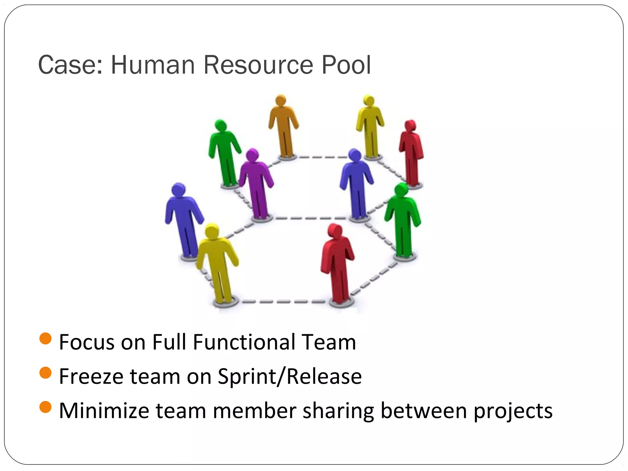 Case: Human Resource Pool




Focus on Full Functional Team
Freeze team on Sprint/Release
Minimize team member sharing between projects
 