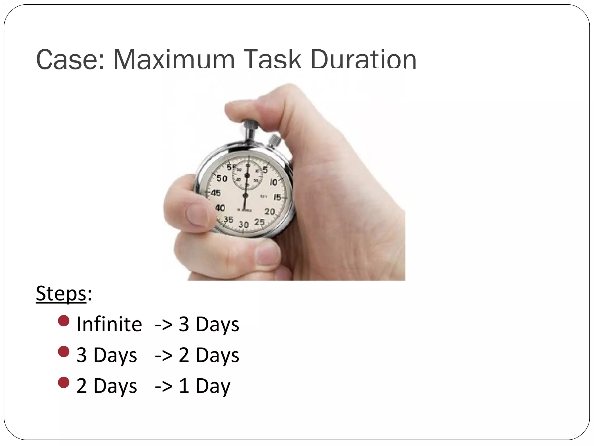 Case: Maximum Task Duration




Steps:
  Infinite -> 3 Days
  3 Days -> 2 Days
  2 Days -> 1 Day
 