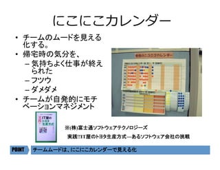 チームムードは、にこにこカレンダーで見える化	POINT
•  チームのムードを見える
化する。	
•  帰宅時の気分を、	
– 気持ちよく仕事が終え
られた	
– フツウ	
– ダメダメ	
•  チームが自発的にモチ
ベーションマネジメント	
にこにこカレンダー
※(株)富士通ソフトウェアテクノロジーズ	
実践!!IT屋のトヨタ生産方式―あるソフトウェア会社の挑戦	
 