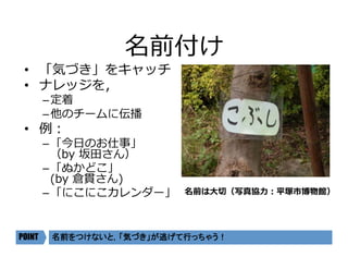 名前付け
•  「気づき」をキャッチ
•  ナレッジを，
– 定着
– 他のチームに伝播
•  例：
– 「今⽇のお仕事」
（by 坂⽥さん）
– 「ぬかどこ」
(by 倉貫さん)
– 「にこにこカレンダー」
名前をつけないと，「気づき」が逃げて行っちゃう！	POINT
名前は⼤切（写真協⼒：平塚市博物館）
 