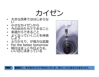カイゼン
•  ⼤きな改⾰でははじまらな
い
•  ⼩さなカイゼンから
•  今の⾃分たちでできること
•  来週からできること
•  よくなっていくことを体感
しよう
•  ふりかえり、が強⼒な武器
•  For the better tomorrow
•  明⽇はきっと今⽇よりも、
いい⽇に決まっている
継続的に、今の自分たちでできるカイゼンを。うまくいったら自分たちをホメよう。	POINT
 