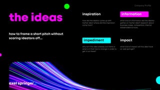 the ideas
how to frame a short pitch without
scaring ideators off...
inspiration
how did the ideator come up with
his/her idea? where did the inspiraton
come from?
information
what kind of information did the ideator
gather on his/her idea? research about
business cases, competitors, internal
stakeholders & more...
impediment
why isn't this idea already out there or
what is it that has to change in order to
get it out there?
impact
what kind of impact will this idea have
on axel springer?
Company Profile
 