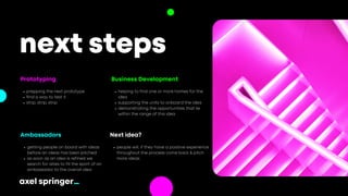 next steps
Prototyping
prepping the next prototype
find a way to test it
strip, strip, strip
Business Development
helping to find one or more homes for the
idea
supporting the units to onboard the idea
demonstrating the opportunities that lie
within the range of this idea
Ambassadors
getting people on board with ideas
before an ideas has been pitched
as soon as an idea is refined we
search for allies to fill the sport of an
ambassador to the overall idea
Next idea?
people will, if they have a positive experience
throughout the process come back & pitch
more ideas
 