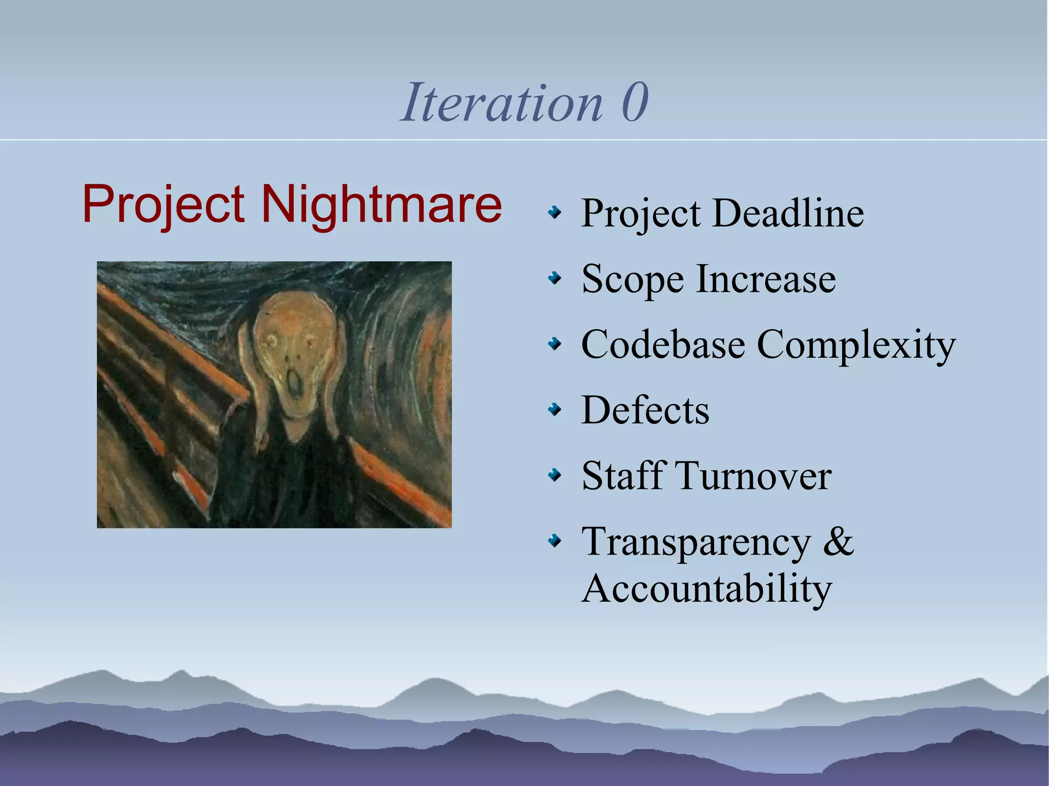 Iteration 0
Project Nightmare   Project Deadline
                    Scope Increase
                    Codebase Complexity
                    Defects
                    Staff Turnover
                    Transparency &
                    Accountability
 