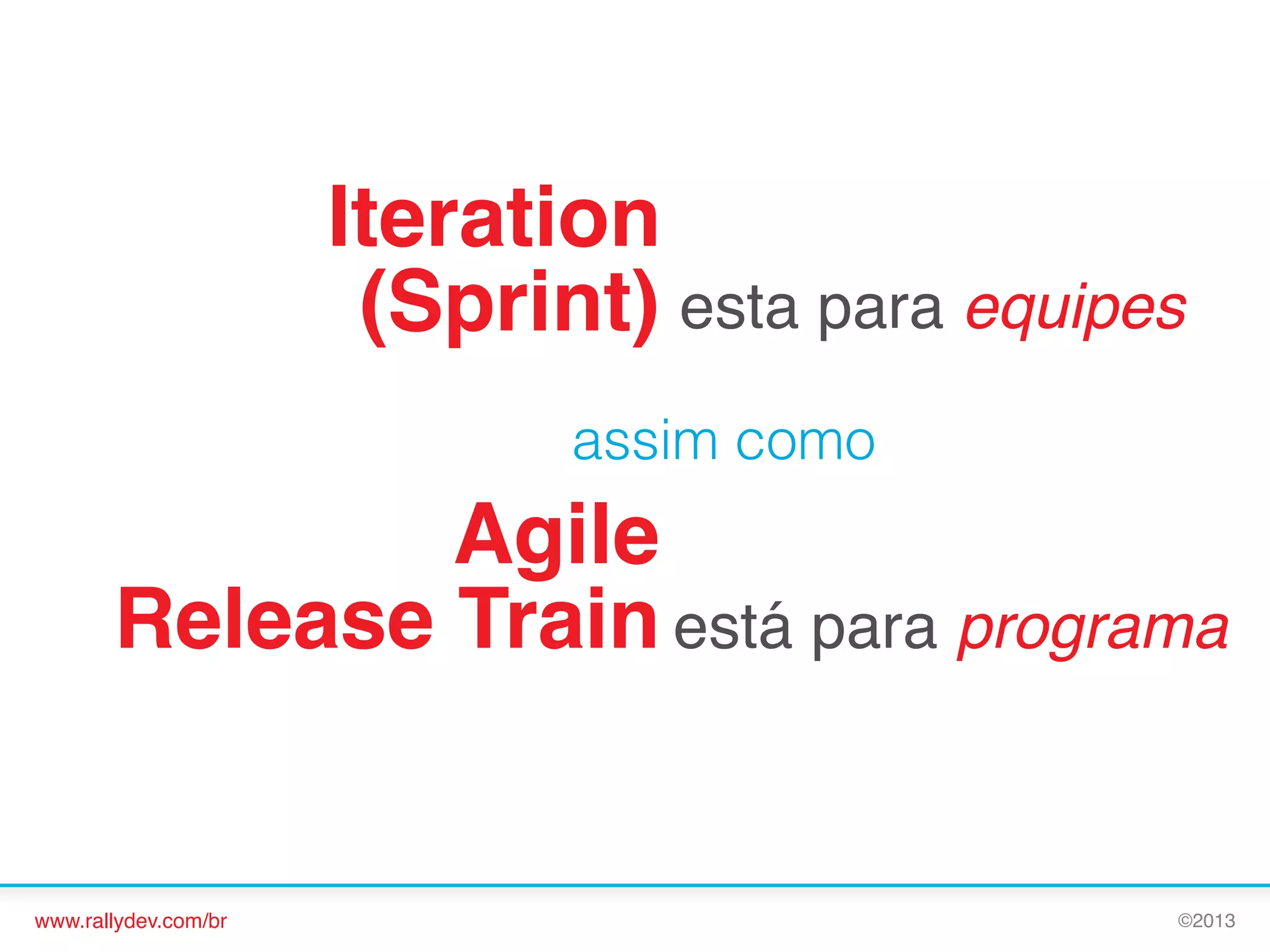 Iteration 
(Sprint)!esta para equipes!
assim como

Agile  
Release Train!está para programa!

www.rallydev.com/br!

©2013!

 