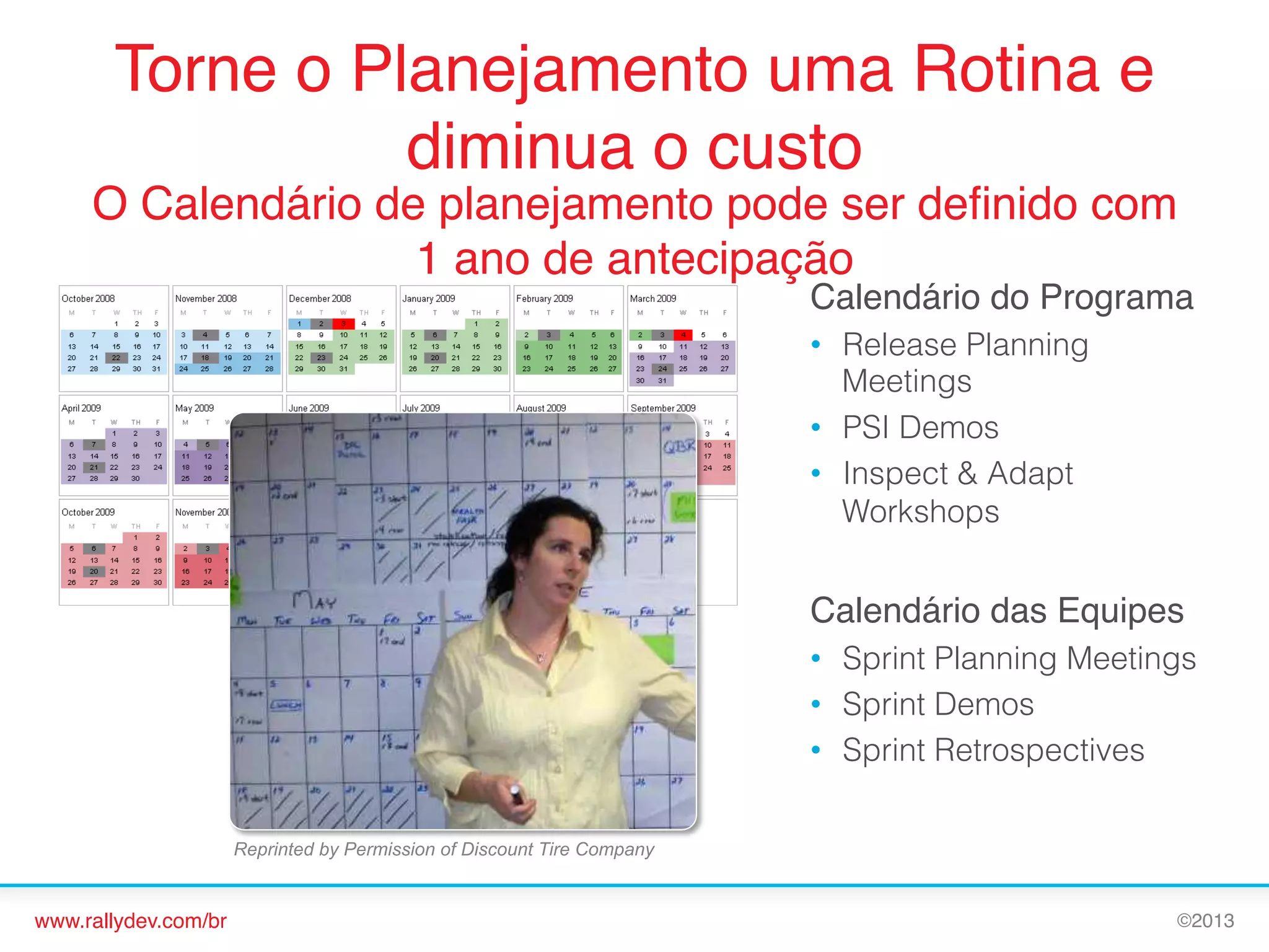 Torne o Planejamento uma Rotina e
diminua o custo!
O Calendário de planejamento pode ser deﬁnido com
1 ano de antecipação!

Calendário do Programa!
•  Release Planning
Meetings
•  PSI Demos
•  Inspect & Adapt
Workshops

Calendário das Equipes!
•  Sprint Planning Meetings
•  Sprint Demos
•  Sprint Retrospectives
Reprinted by Permission of Discount Tire Company

www.rallydev.com/br!

©2013!

 