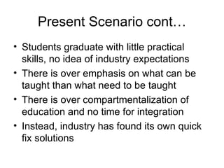 Present Scenario cont… Students graduate with little practical skills, no idea of industry expectations There is over emphasis on what can be taught than what need to be taught There is over compartmentalization of education and no time for integration  Instead, industry has found its own quick fix solutions 