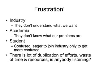 Frustration! Industry They don’t understand what we want Academia They don’t know what our problems are Student Confused, eager to join industry only to get more confused There is lot of duplication of efforts, waste of time & resources, is anybody listening? 