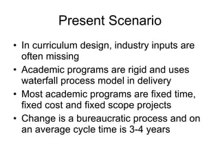 Present Scenario In curriculum design, industry inputs are often missing  Academic programs are rigid and uses waterfall process model in delivery Most academic programs are fixed time, fixed cost and fixed scope projects  Change is a bureaucratic process and on an average cycle time is 3-4 years 