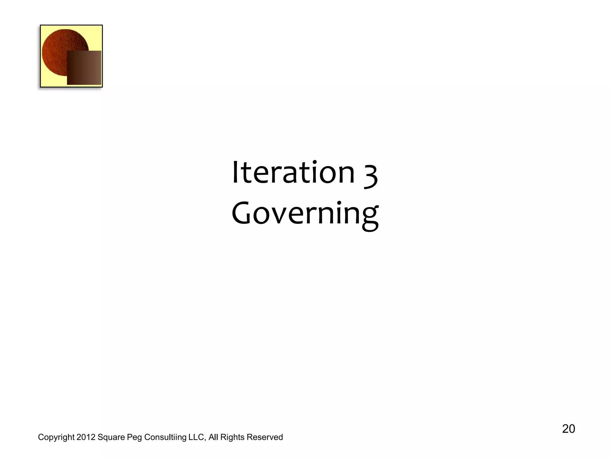 Iteration 3
Governing
20
Copyright 2012 Square Peg Consultiing LLC, All Rights Reserved
 