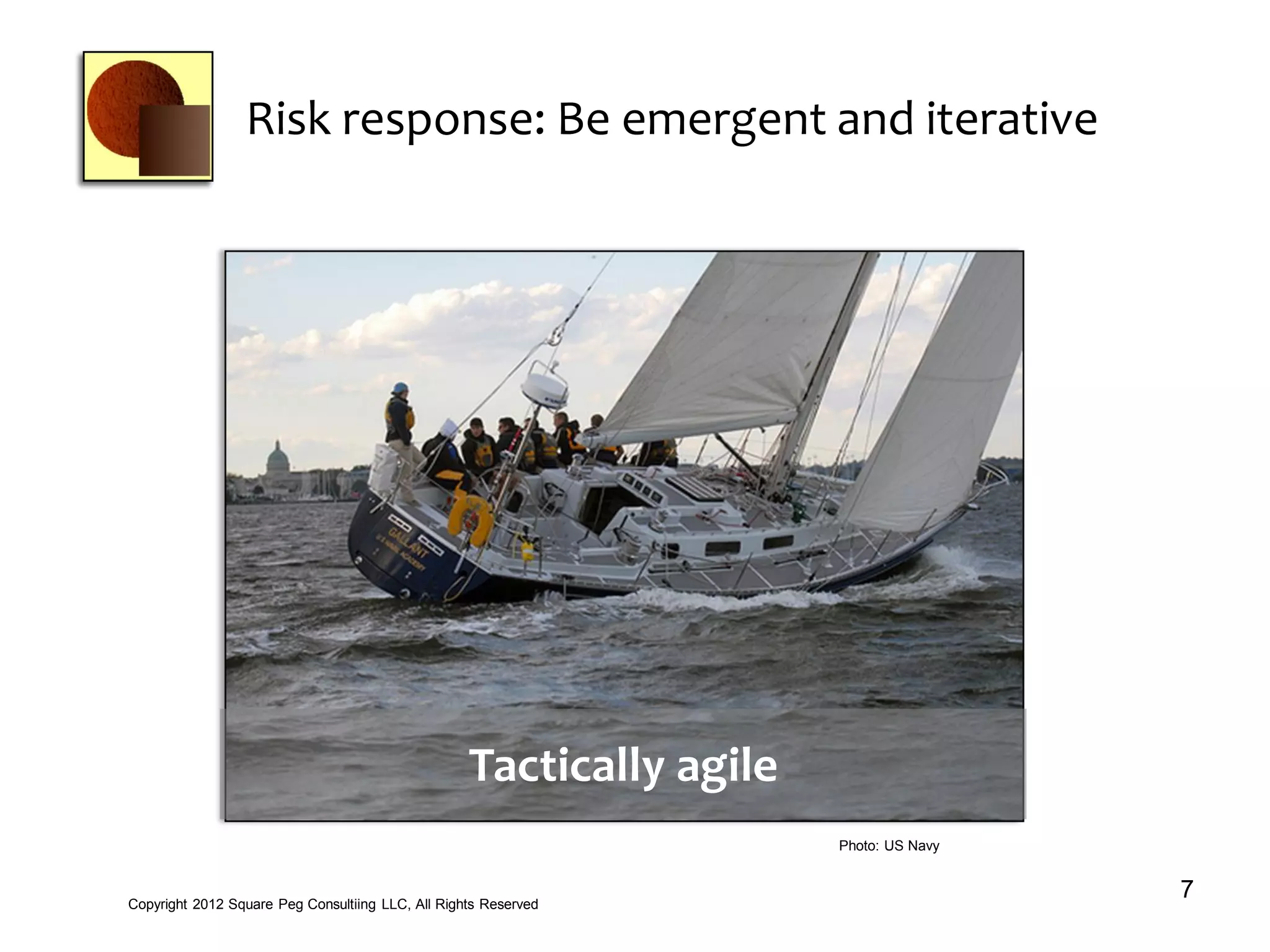 Risk response: Be emergent and iterative
7Copyright 2012 Square Peg Consultiing LLC, All Rights Reserved
Photo: US Navy
Tactically agile
 