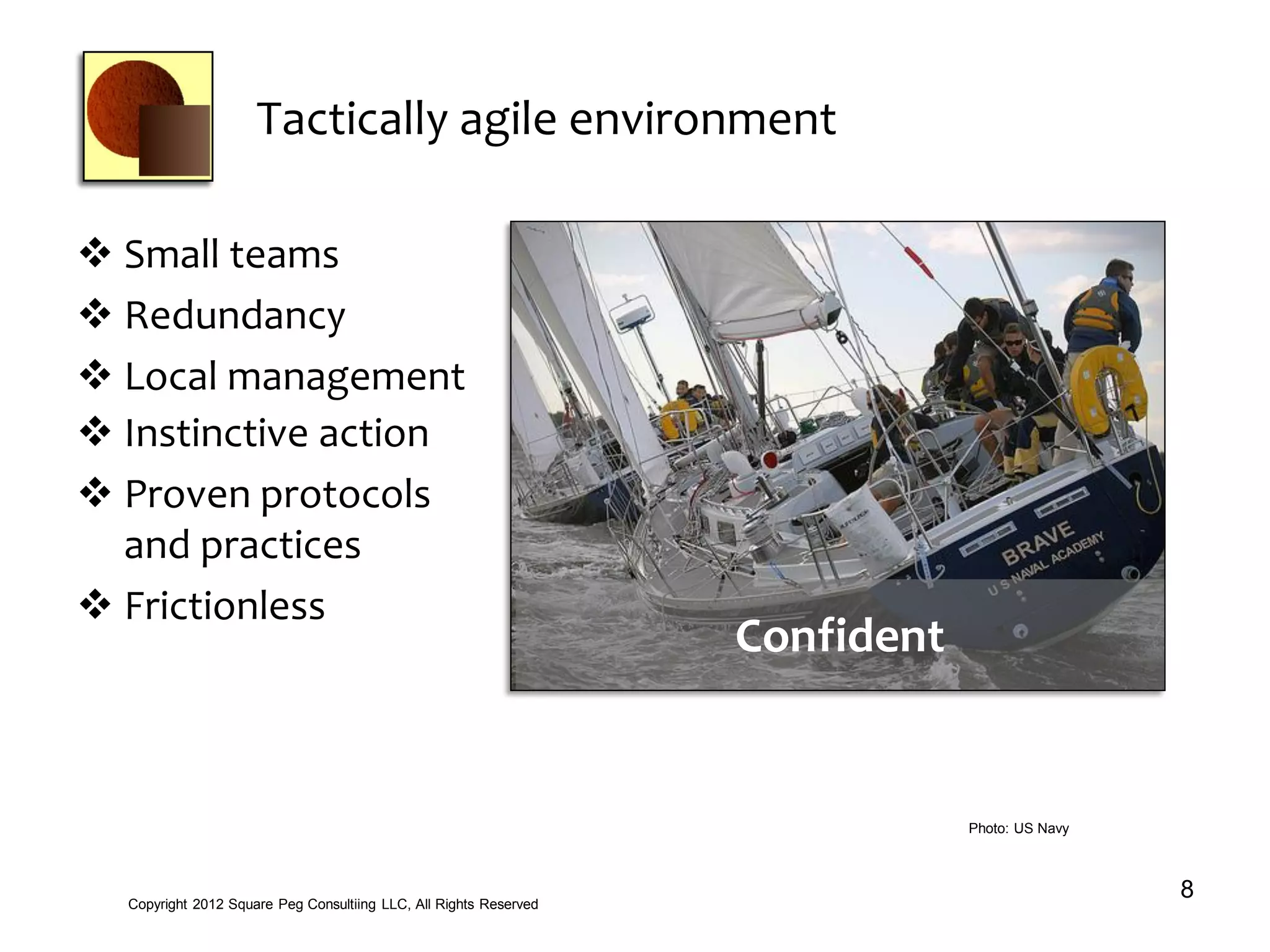 Tactically agile environment
8Copyright 2012 Square Peg Consultiing LLC, All Rights Reserved
 Small teams
 Redundancy
 Local management
Photo: US Navy
 Instinctive action
 Proven protocols
and practices
 Frictionless
Confident
 