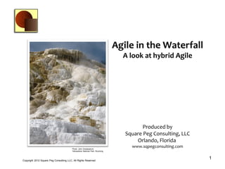 Agile in the Waterfall
A look at hybrid Agile
1Copyright 2012 Square Peg Consultiing LLC, All Rights Reserved
Produced by
Square Peg Consulting, LLC
Orlando, Florida
www.sqpegconsulting.comPhoto: John Goodpasture
Yellowstone National Park, Wyoming
 