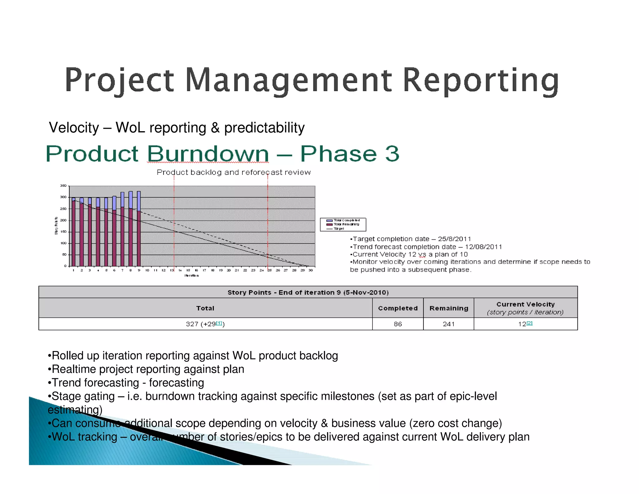 Velocity – WoL reporting & predictability




•Rolled up iteration reporting against WoL product backlog
•Realtime project reporting against plan
•Trend forecasting - forecasting
•Stage gating – i.e. burndown tracking against specific milestones (set as part of epic-level
estimating)
•Can consume additional scope depending on velocity & business value (zero cost change)
•WoL tracking – overall number of stories/epics to be delivered against current WoL delivery plan
 