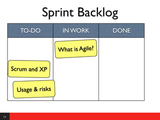 Sprint Backlog
        TO-DO           IN WORK         DONE


                       What is Agile?


     Scrum and XP


       Usage & risks



11
 
